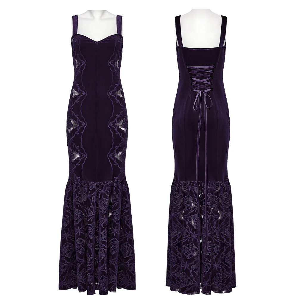 WQ-837LQF Gothic Dress Black Velvet Straps Long Lace Detail - Image 26