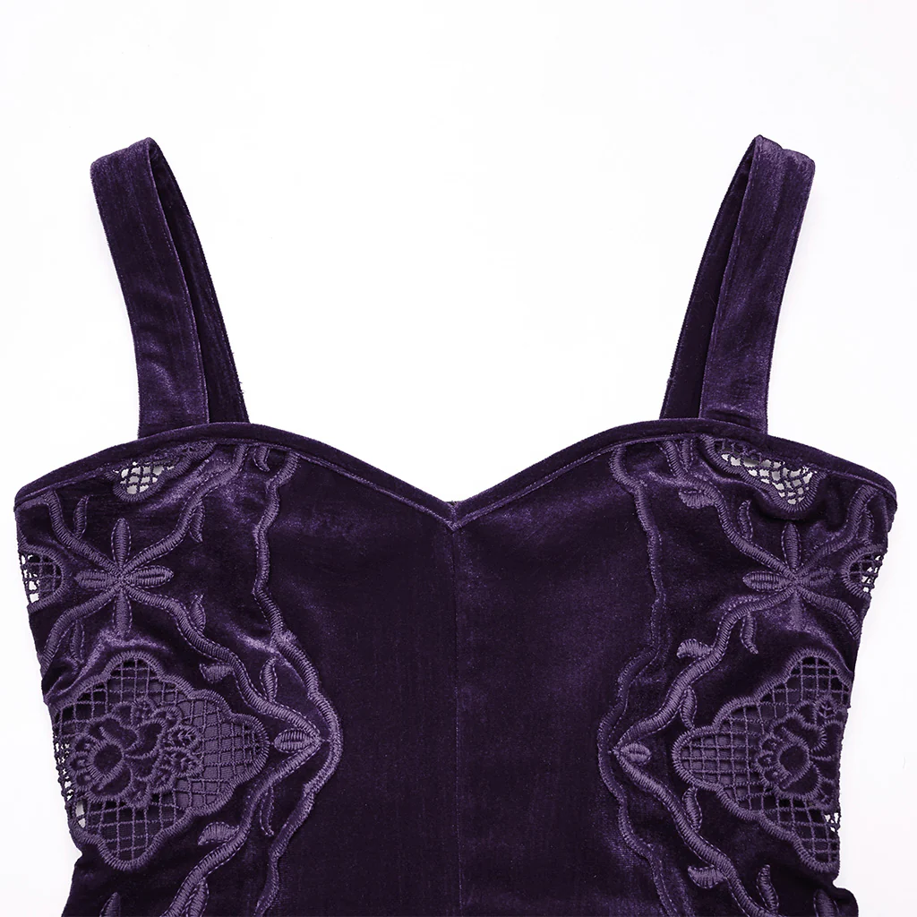 WQ-837LQF Gothic Dress Black Velvet Straps Long Lace Detail - Image 27