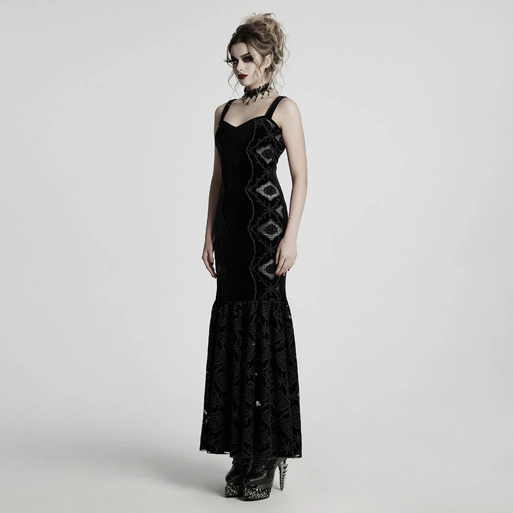 WQ-837LQF Gothic Dress Black Velvet Straps Long Lace Detail - Image 32