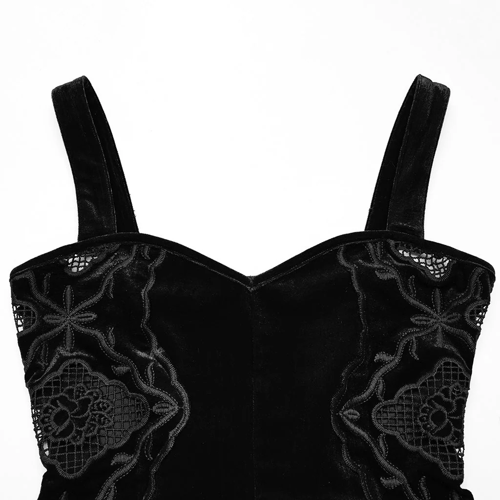 WQ-837LQF Gothic Dress Black Velvet Straps Long Lace Detail - Image 35