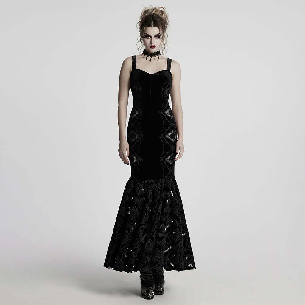 WQ-837LQF Gothic Dress Black Velvet Straps Long Lace Detail - Image 5