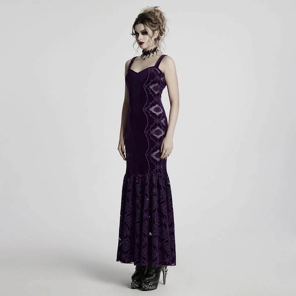 WQ-837LQF Gothic Dress Black Velvet Straps Long Lace Detail - Image 50