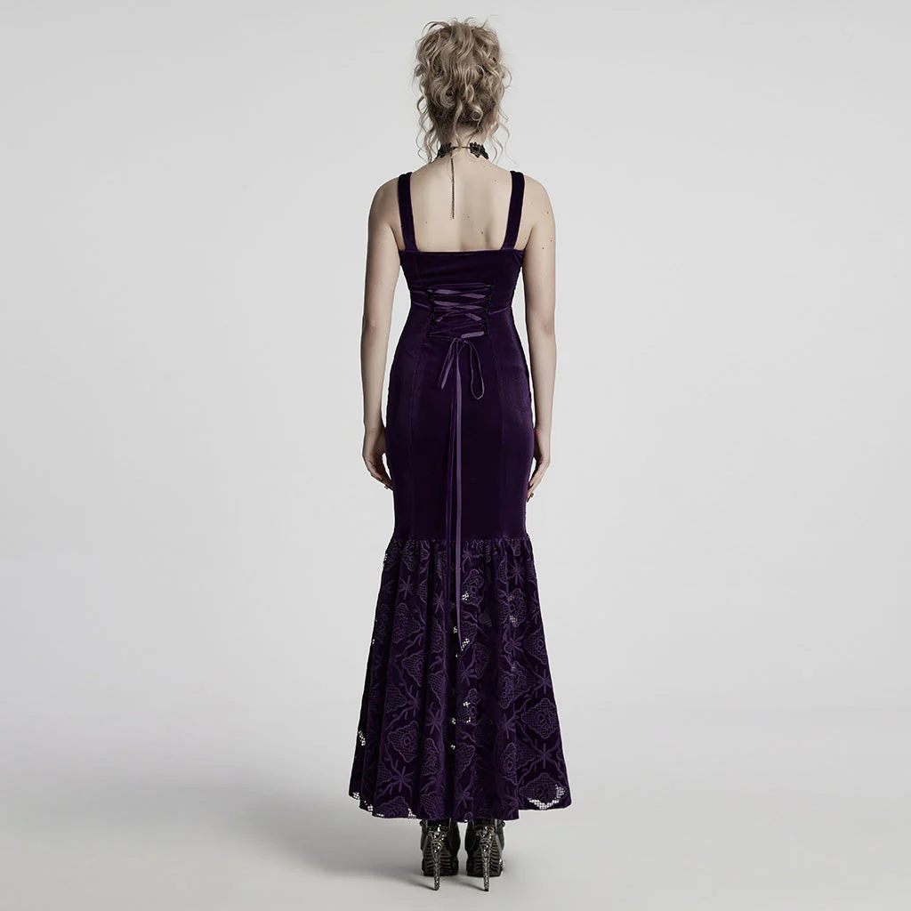 WQ-837LQF Gothic Dress Black Velvet Straps Long Lace Detail - Image 51
