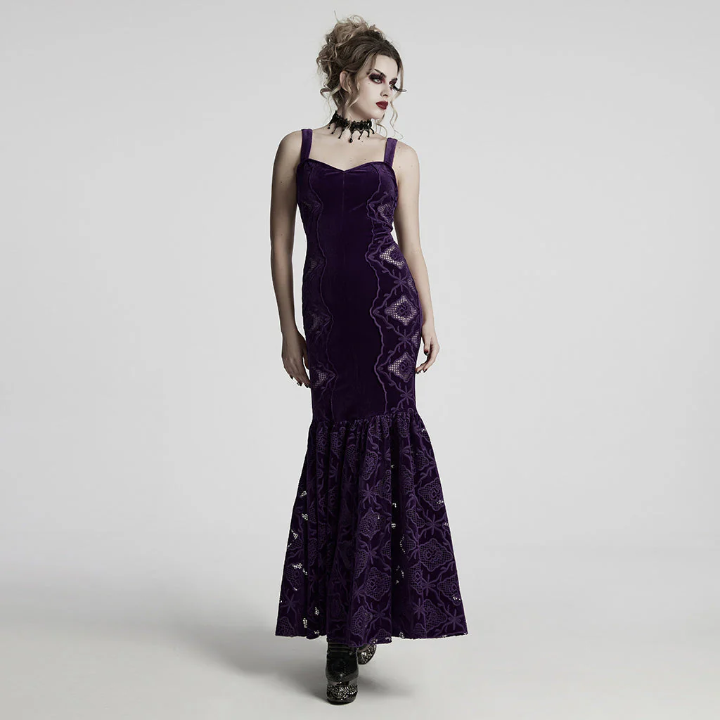 WQ-837LQF Gothic Dress Black Velvet Straps Long Lace Detail - Image 52