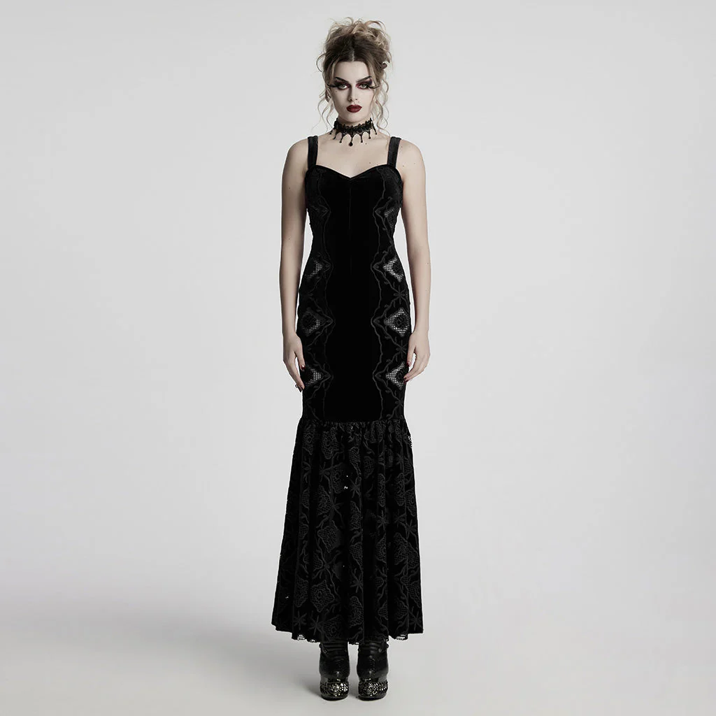 WQ-837LQF Gothic Dress Black Velvet Straps Long Lace Detail - Image 57