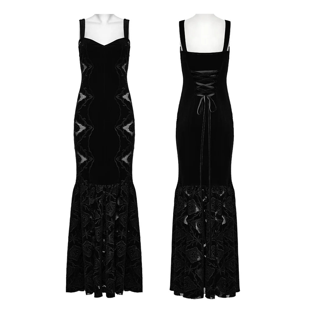 WQ-837LQF Gothic Dress Black Velvet Straps Long Lace Detail - Image 6