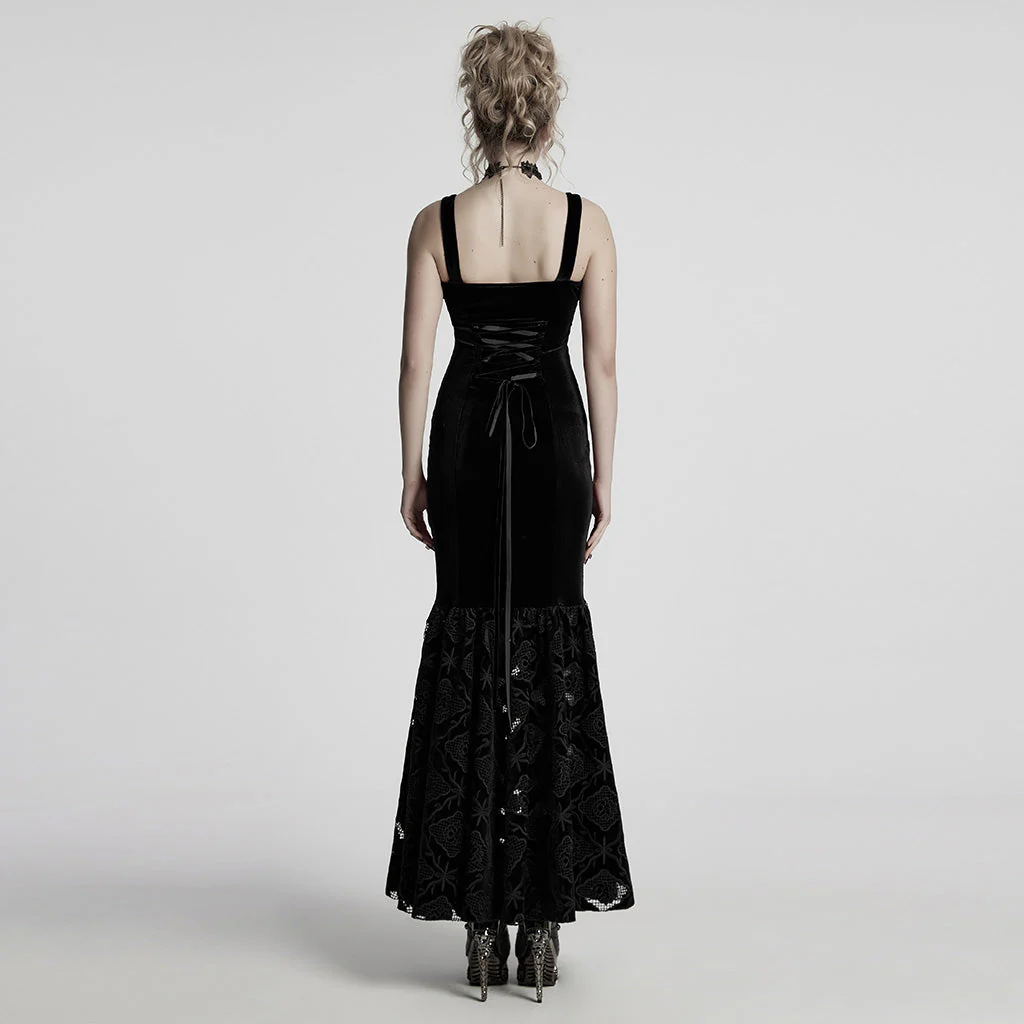 WQ-837LQF Gothic Dress Black Velvet Straps Long Lace Detail - Image 60