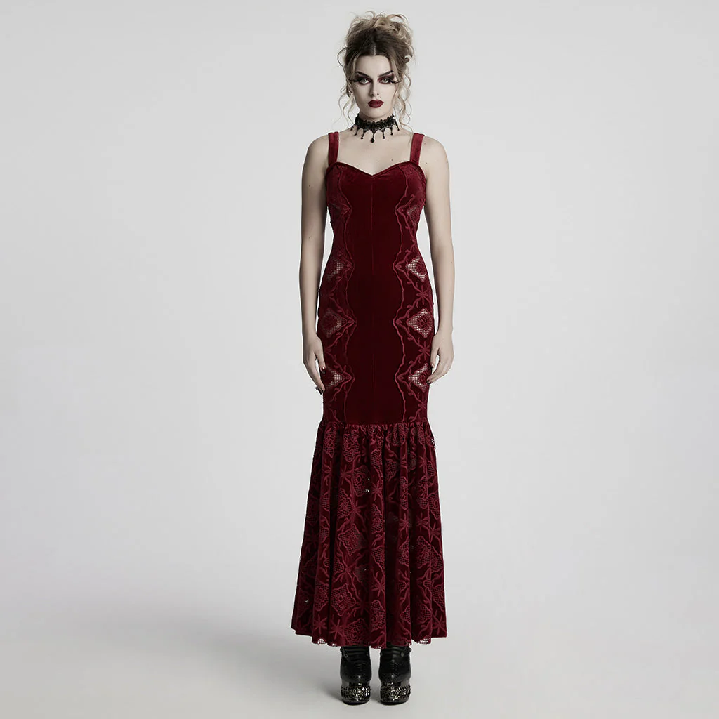 WQ-837LQF Gothic Dress Black Velvet Straps Long Lace Detail - Image 68