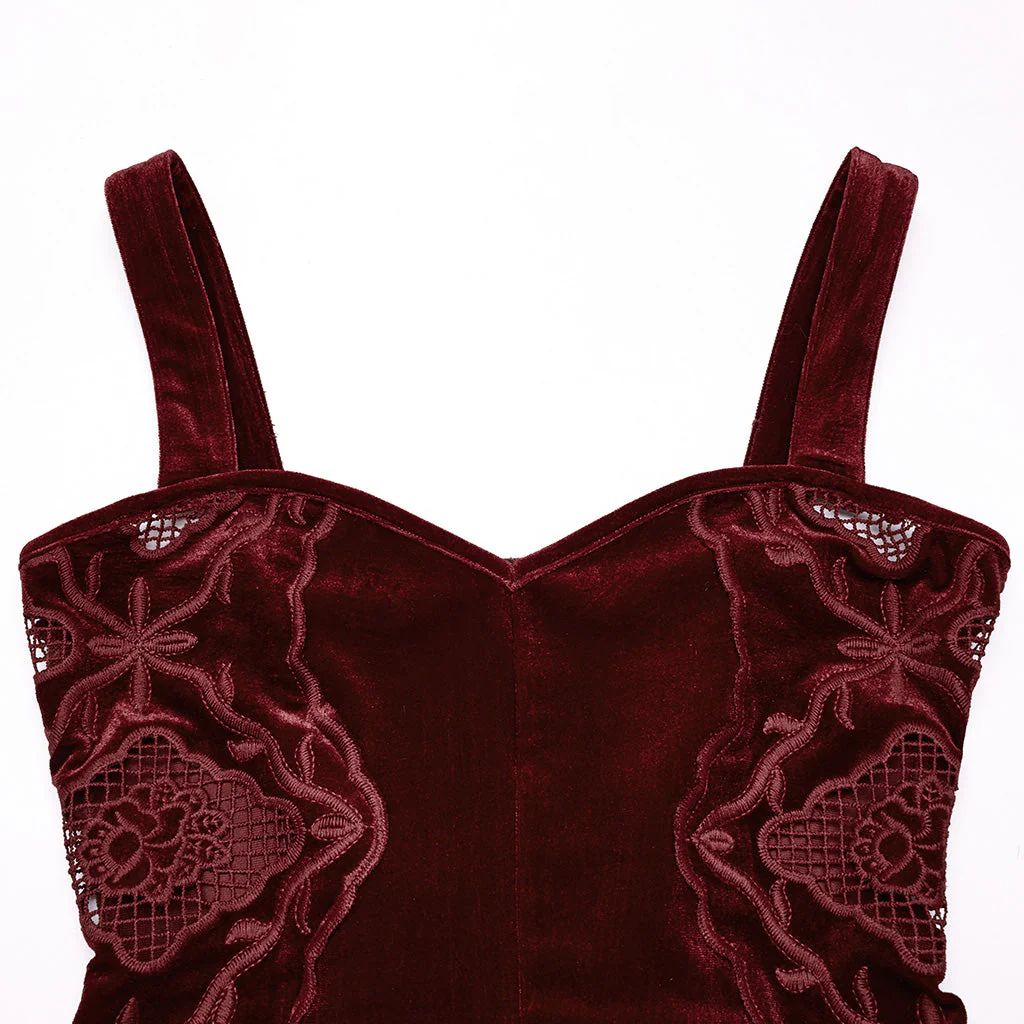 WQ-837LQF Gothic Dress Black Velvet Straps Long Lace Detail - Image 73