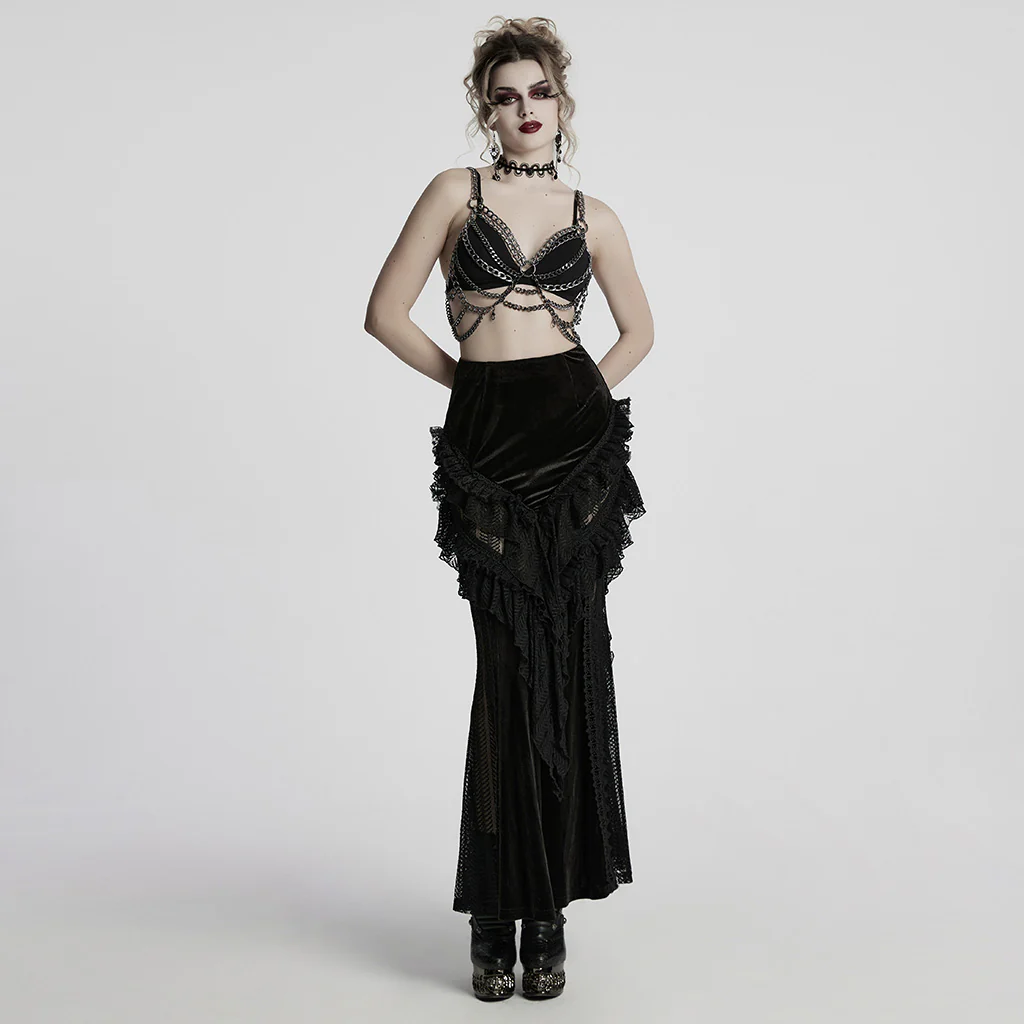 WQ-841BQF Velvet Gothic Skirt with Lace Ruffle Detail Floor Length - Image 5