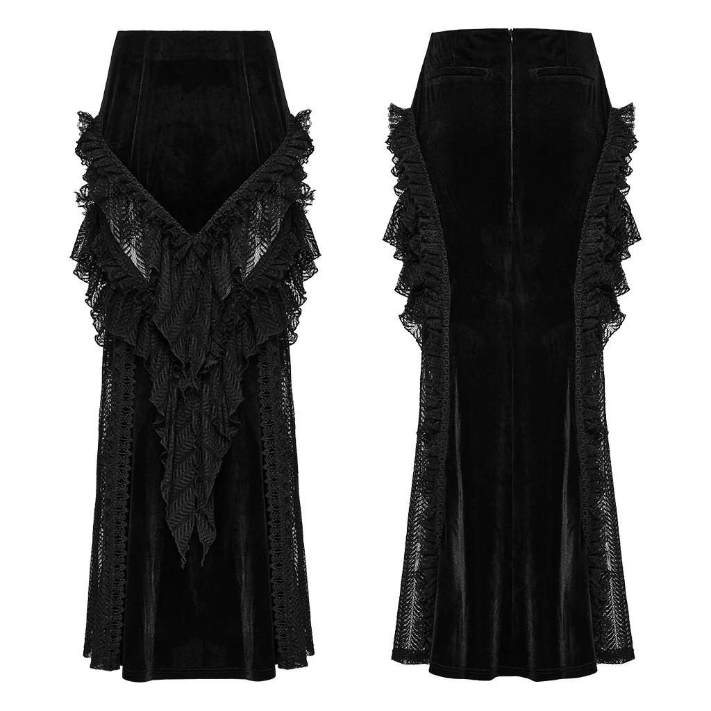 WQ-841BQF Velvet Gothic Skirt with Lace Ruffle Detail Floor Length - Image 6
