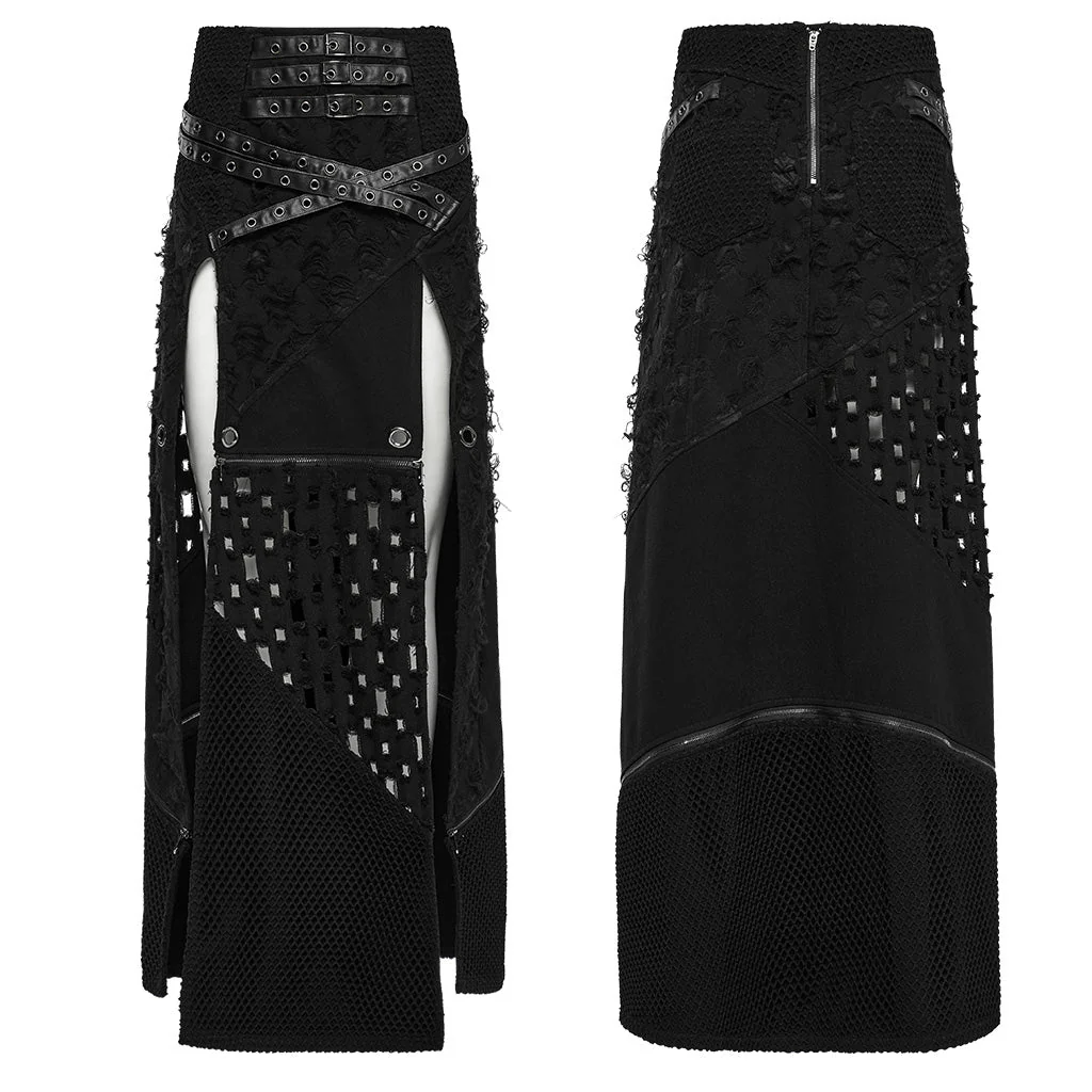 WQ-847BQF Edgy High-Slit Belted Punk Skirt with Mesh Panels - Image 16
