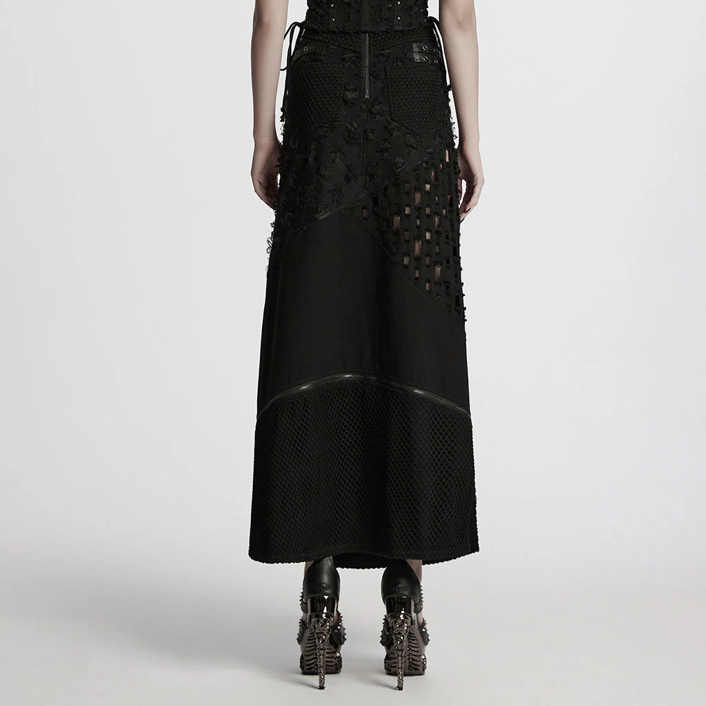 WQ-847BQF Edgy High-Slit Belted Punk Skirt with Mesh Panels - Image 24