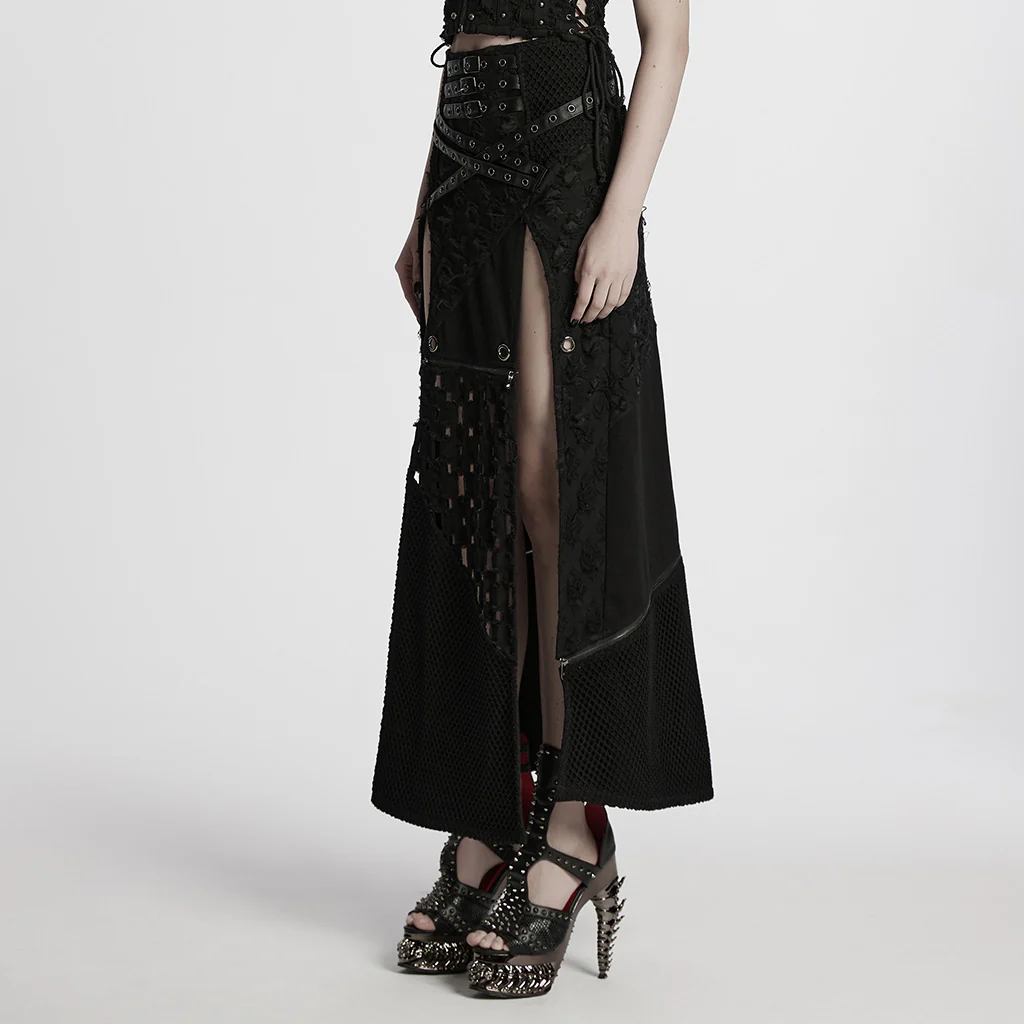 WQ-847BQF Edgy High-Slit Belted Punk Skirt with Mesh Panels - Image 3
