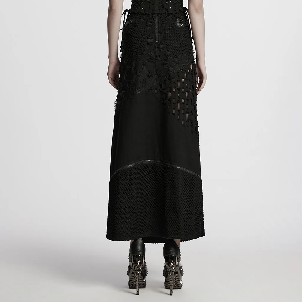 WQ-847BQF Edgy High-Slit Belted Punk Skirt with Mesh Panels - Image 4