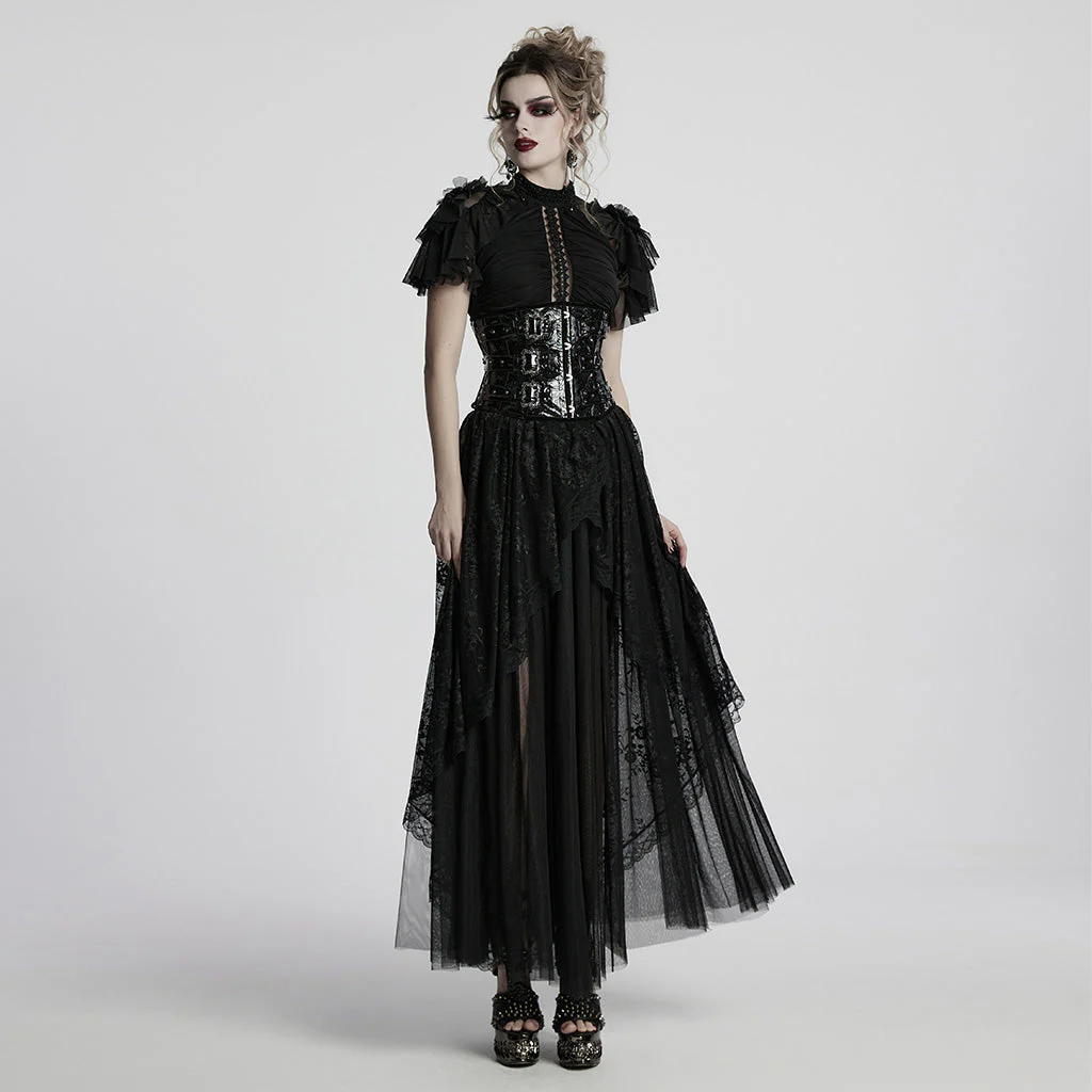 WQ-853LQF Gothic Dress Vintage Lace Ruffle Sleeves Long Black Gown - Image 15