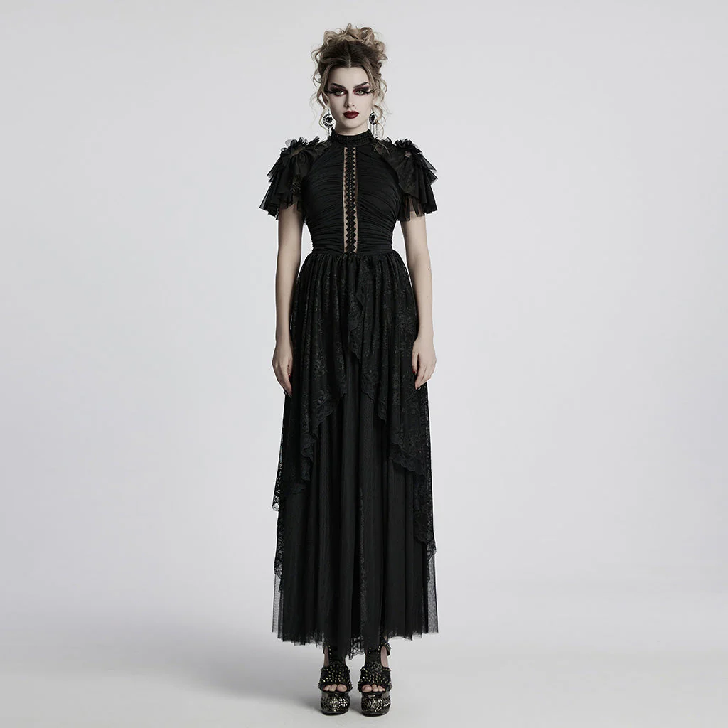 WQ-853LQF Gothic Dress Vintage Lace Ruffle Sleeves Long Black Gown - Image 21