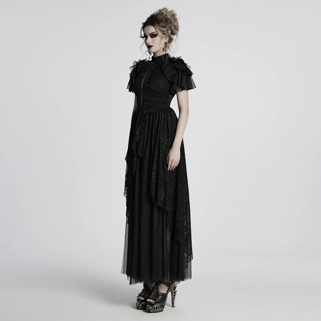WQ-853LQF Gothic Dress Vintage Lace Ruffle Sleeves Long Black Gown - Image 3