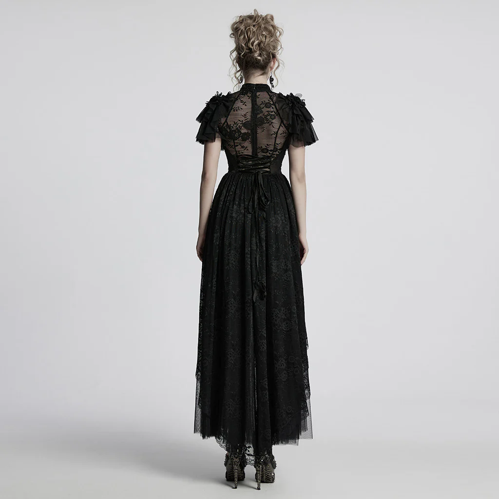 WQ-853LQF Gothic Dress Vintage Lace Ruffle Sleeves Long Black Gown - Image 4
