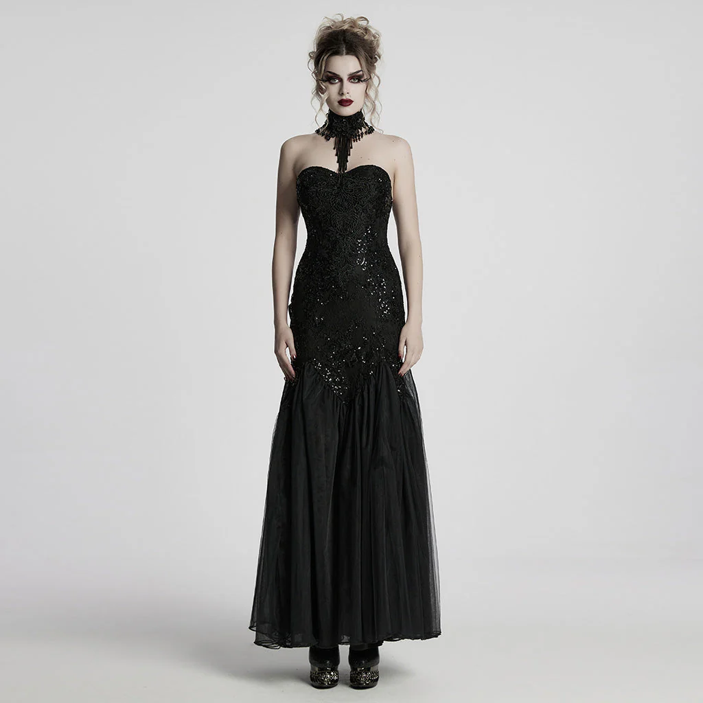 WQ-859LQF Elegant Black Lace Gothic Dress Strapless Floor-Length Gown - Image 11