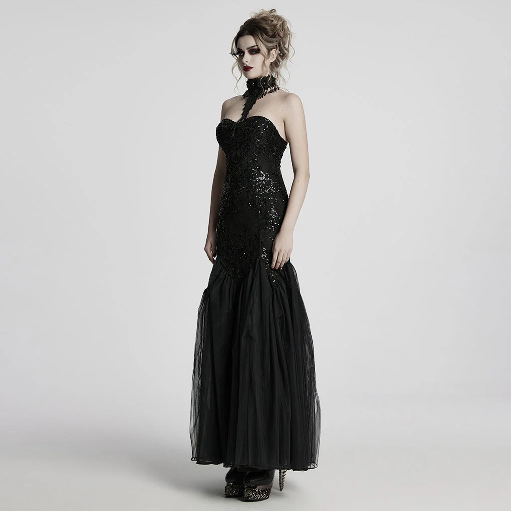 WQ-859LQF Elegant Black Lace Gothic Dress Strapless Floor-Length Gown - Image 22
