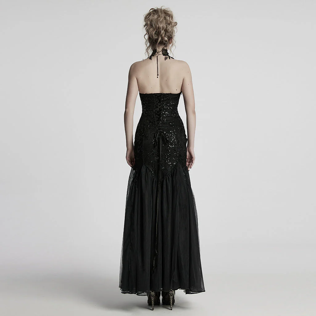 WQ-859LQF Elegant Black Lace Gothic Dress Strapless Floor-Length Gown - Image 23