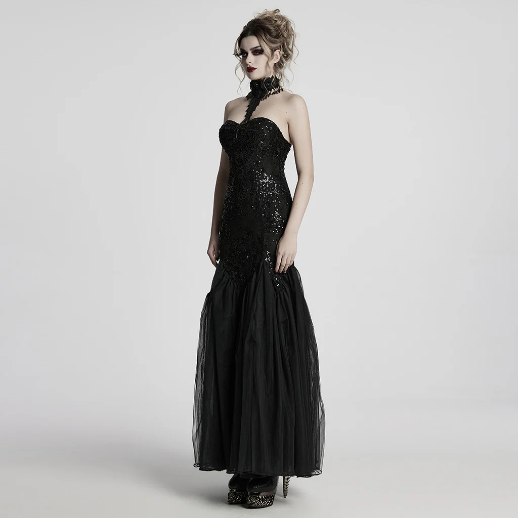 WQ-859LQF Elegant Black Lace Gothic Dress Strapless Floor-Length Gown - Image 3
