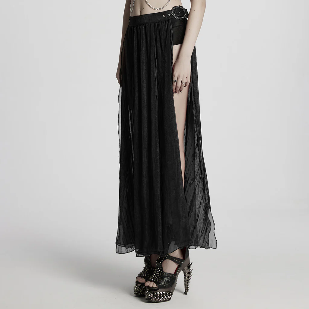 WQ-861BQF Gothic Skirt Sheer Black Layered Chains Maxi Elegance - Image 3