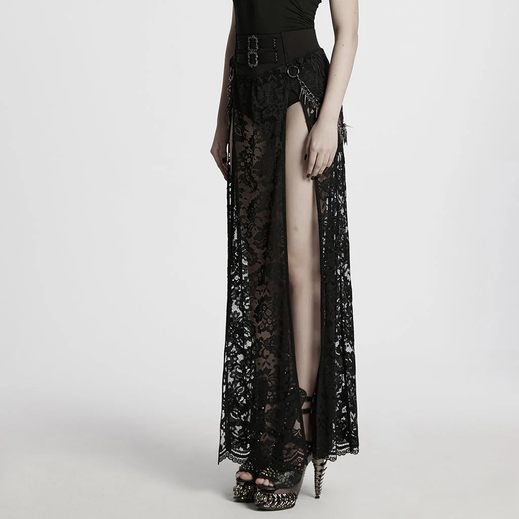 WQ-863BQF Gothic Skirt Lace Overlay Buckle Waist High Slit Design - Image 13