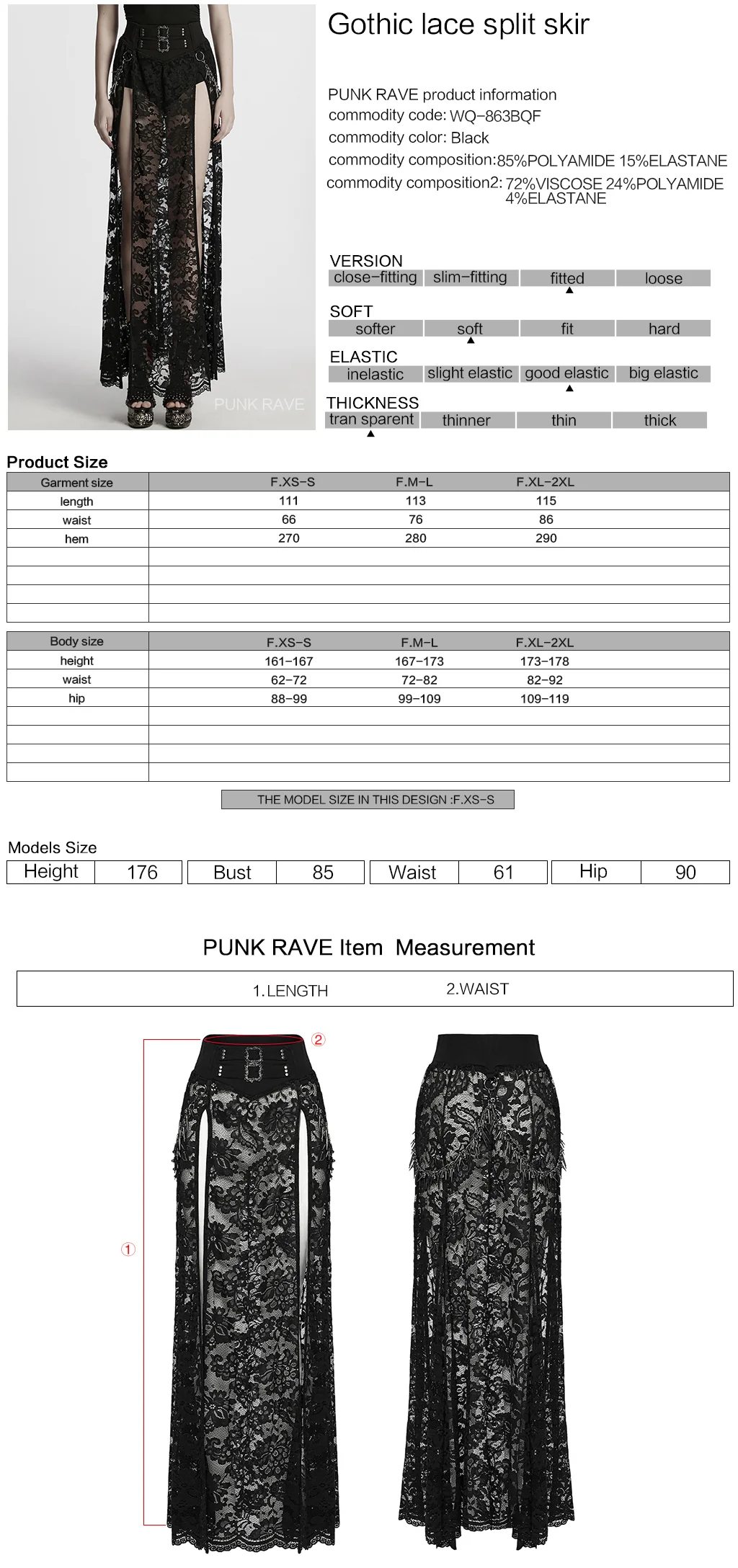 WQ-863BQF Gothic Skirt Lace Overlay Buckle Waist High Slit Design - Image 2