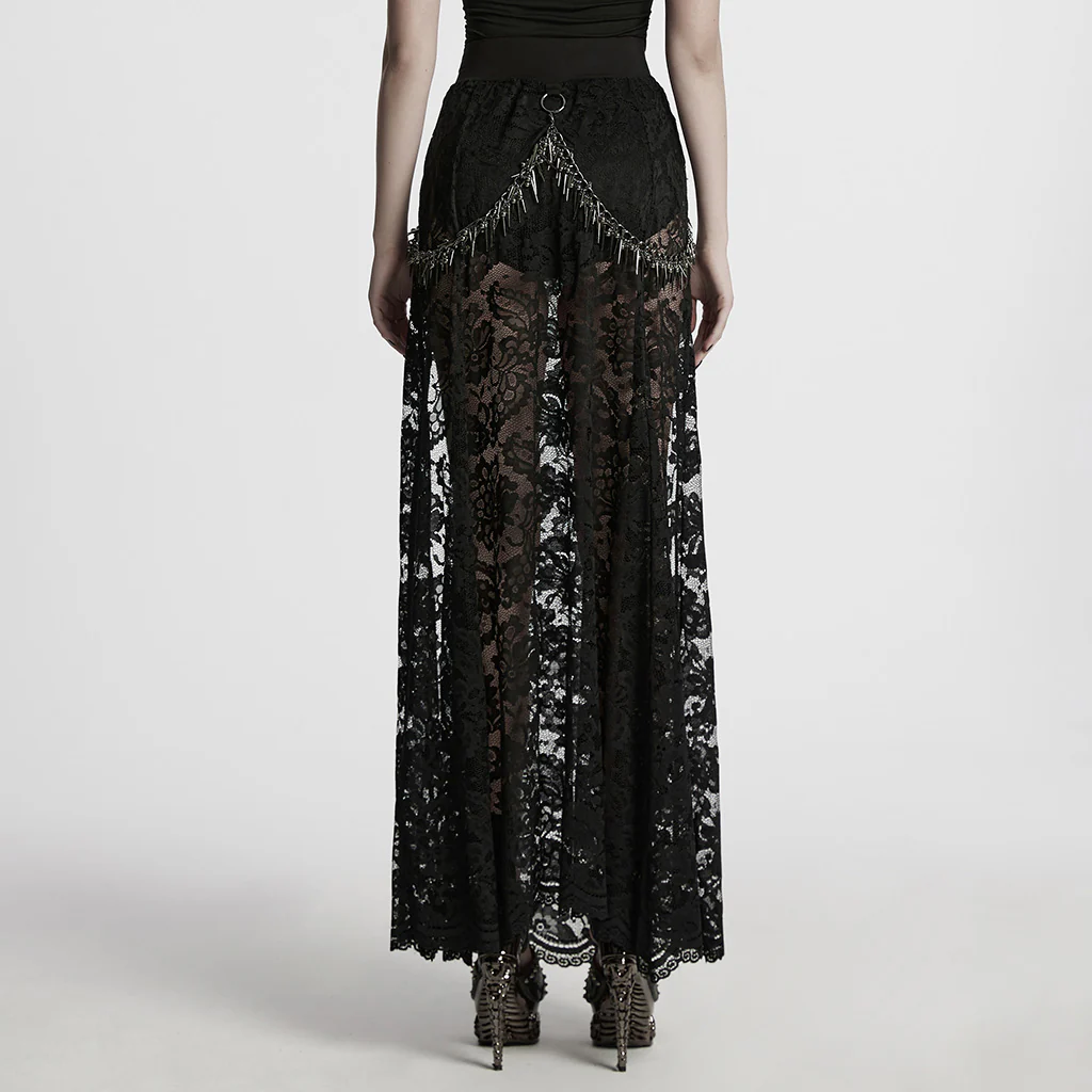 WQ-863BQF Gothic Skirt Lace Overlay Buckle Waist High Slit Design - Image 4