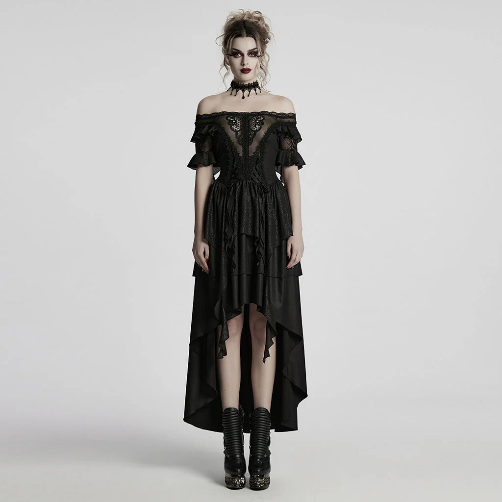 WQ-865LQF Gothic Dress Off Shoulder Lace Asymmetric Hem Steampunk Style - Image 11
