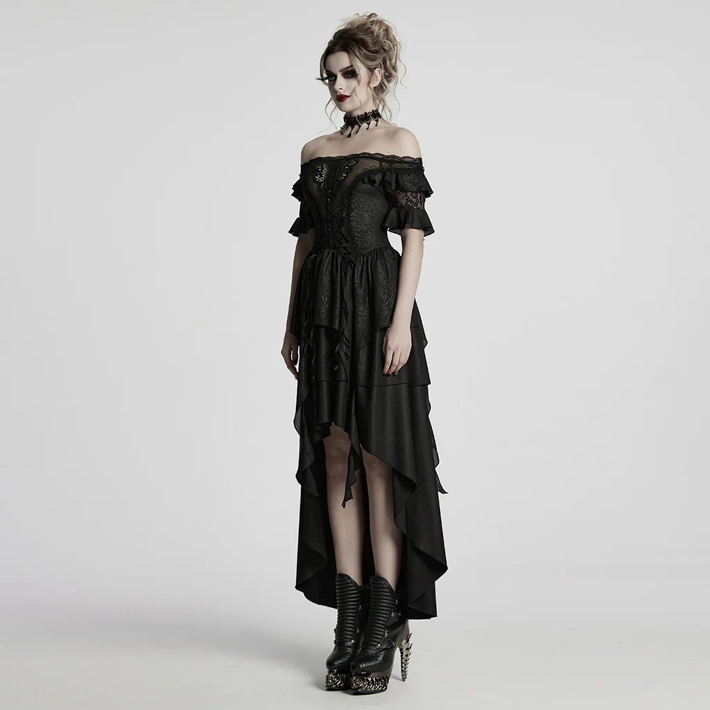 WQ-865LQF Gothic Dress Off Shoulder Lace Asymmetric Hem Steampunk Style - Image 3