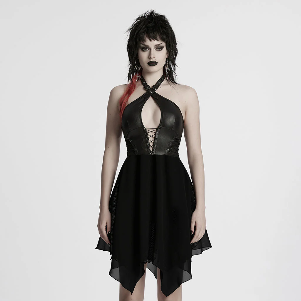 WQ-867LQF Gothic Punk Dresses Halter Neck Lace-Up Leather Dress - Image 11