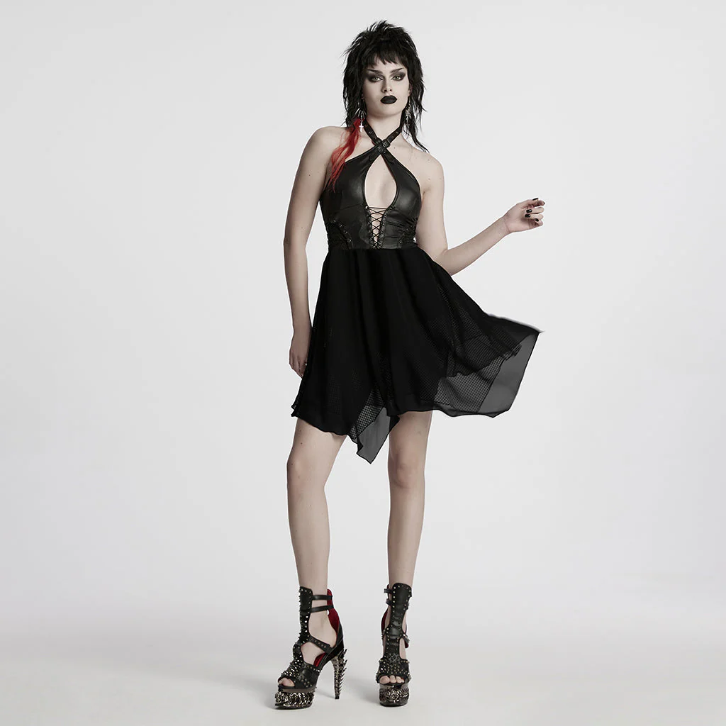 WQ-867LQF Gothic Punk Dresses Halter Neck Lace-Up Leather Dress - Image 23