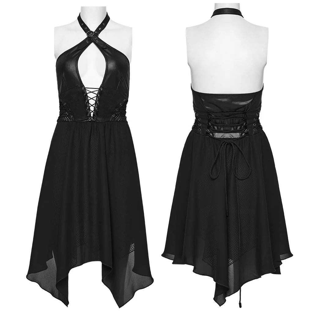 WQ-867LQF Gothic Punk Dresses Halter Neck Lace-Up Leather Dress - Image 24