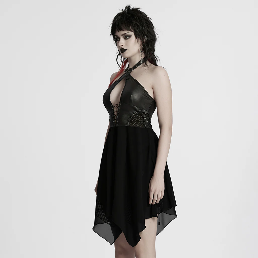 WQ-867LQF Gothic Punk Dresses Halter Neck Lace-Up Leather Dress - Image 3