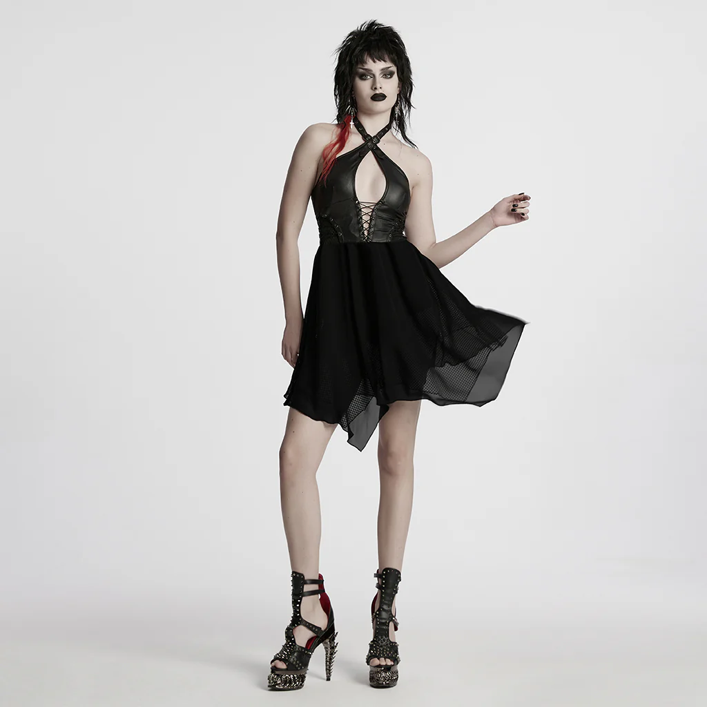 WQ-867LQF Gothic Punk Dresses Halter Neck Lace-Up Leather Dress - Image 5