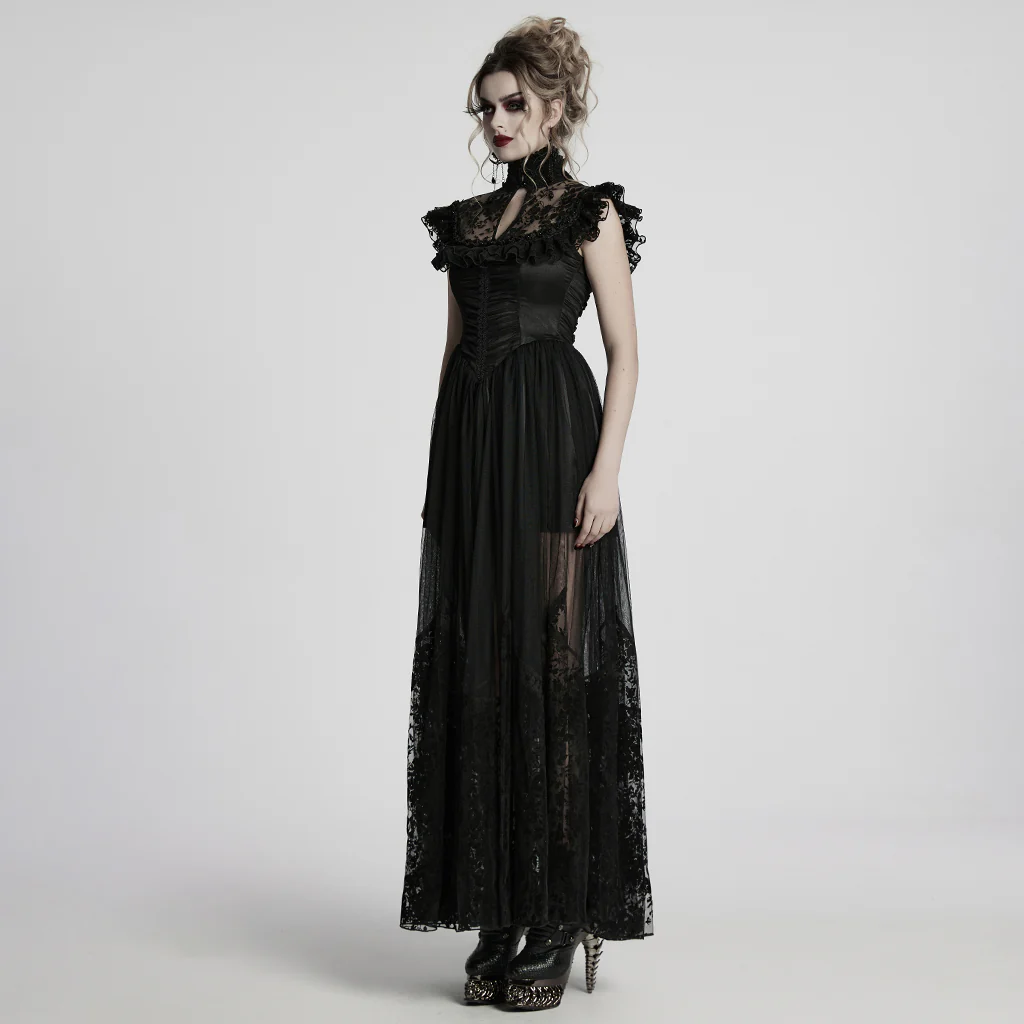 WQ-869LQF Gothic Dress Black Lace Corset High Collar Victorian Style Elegance - Image 3