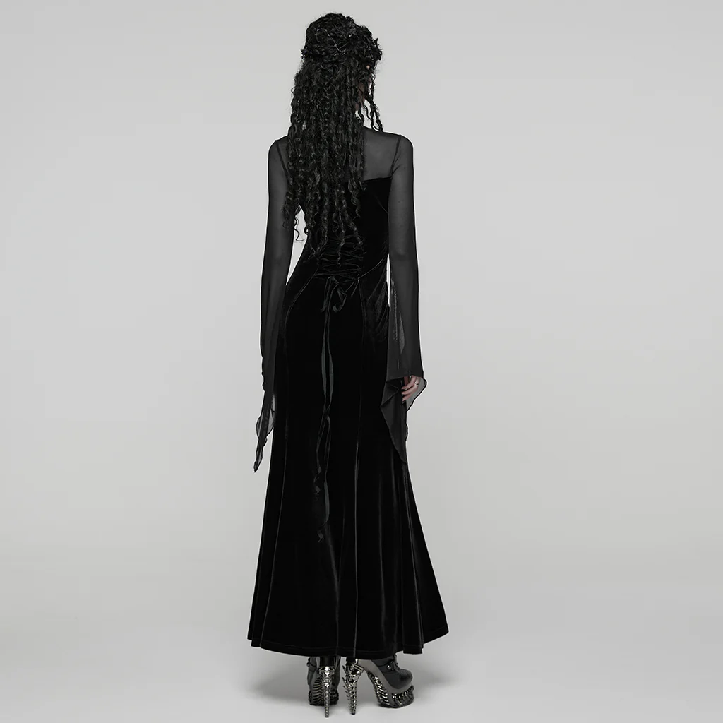 WQ-874LQF Velvet Gothic Dress with Sheer Sleeves and Lace Detailing - Image 13