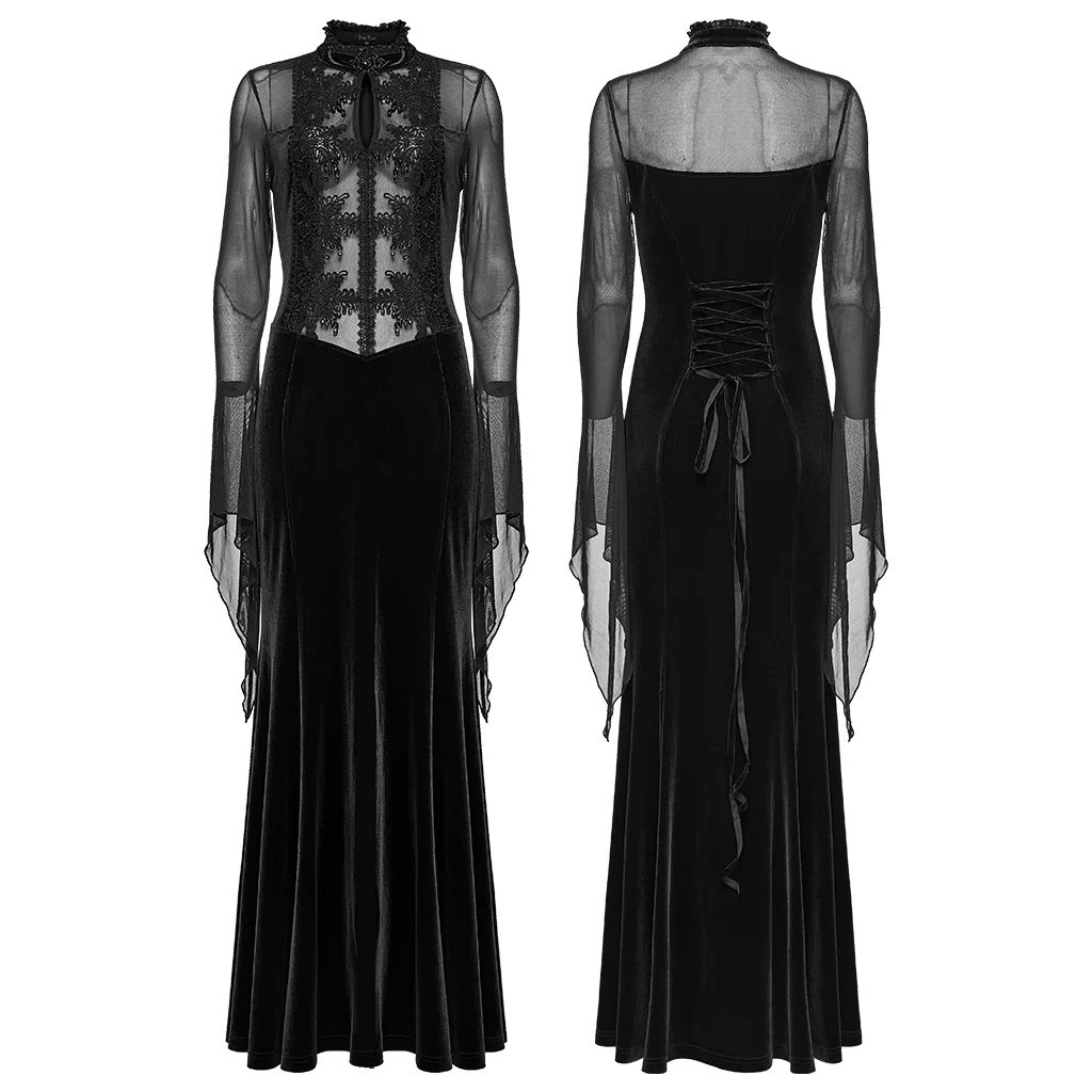 WQ-874LQF Velvet Gothic Dress with Sheer Sleeves and Lace Detailing - Image 14