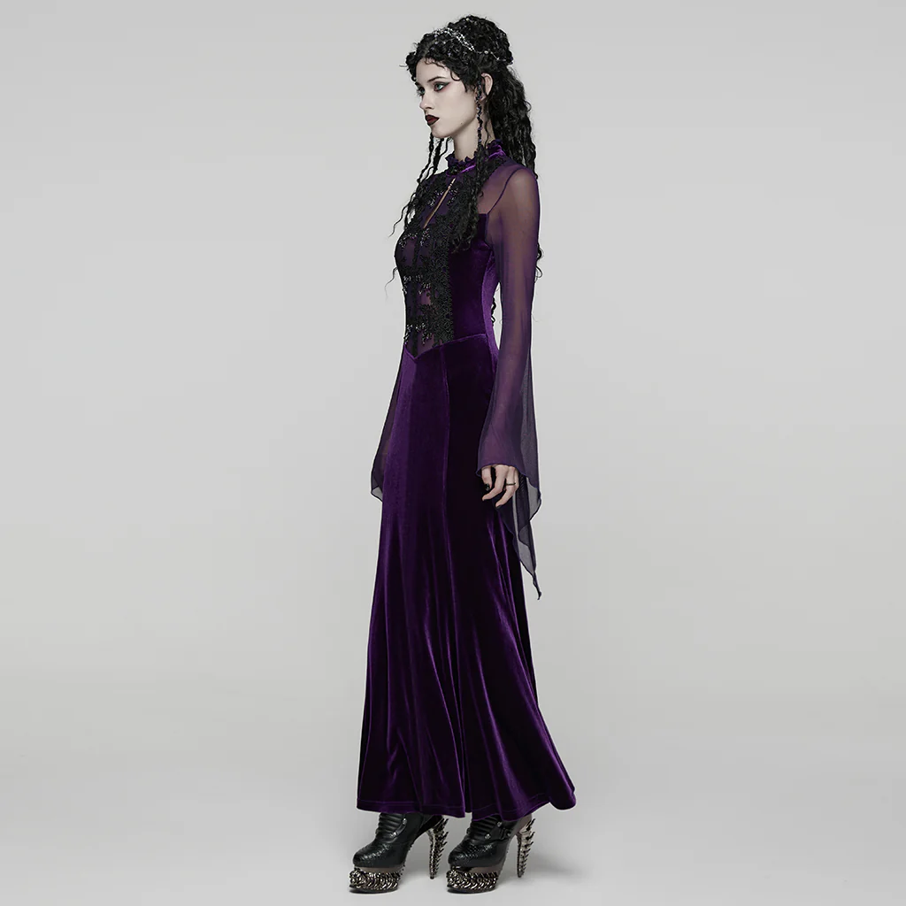 WQ-874LQF Velvet Gothic Dress with Sheer Sleeves and Lace Detailing - Image 3