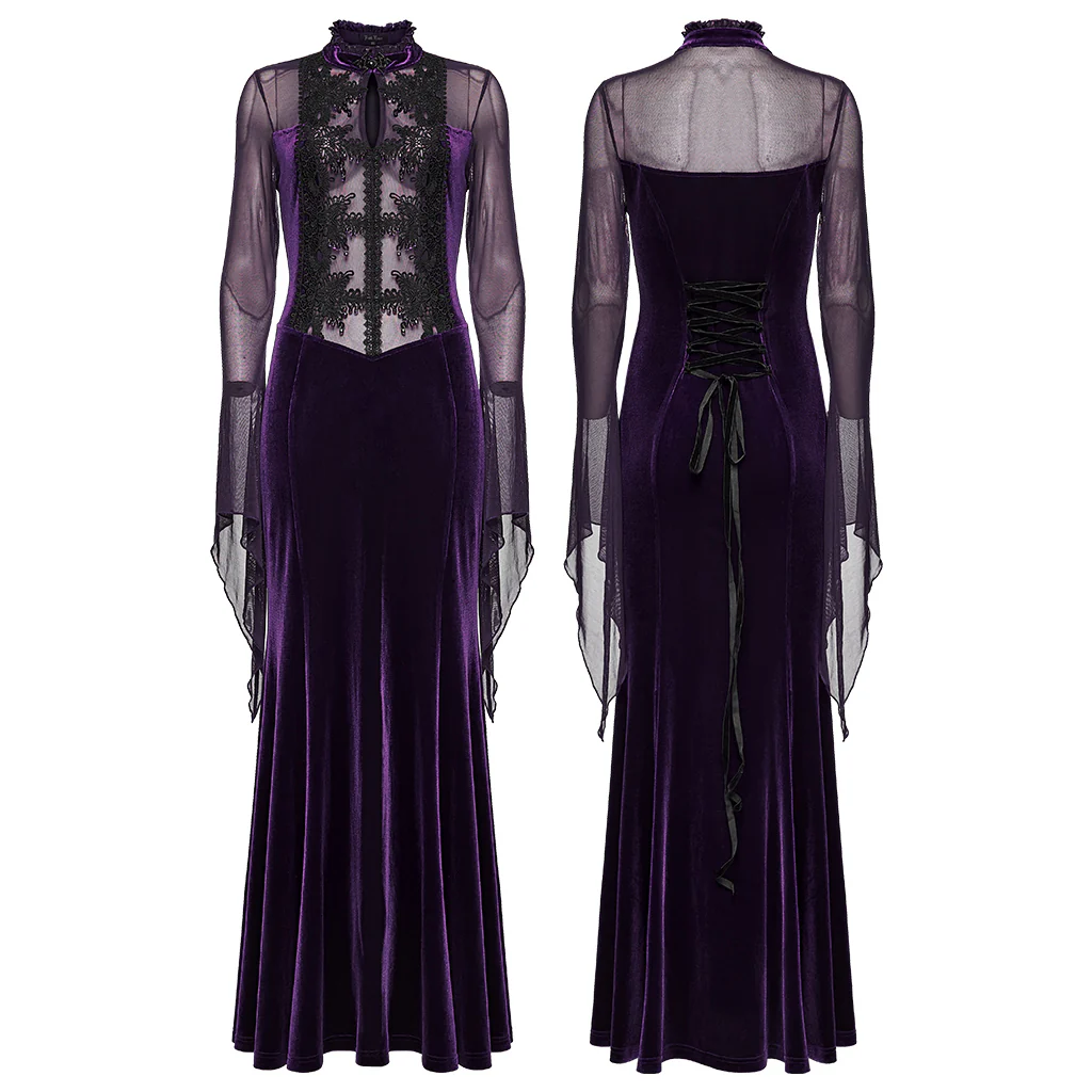WQ-874LQF Velvet Gothic Dress with Sheer Sleeves and Lace Detailing - Image 5