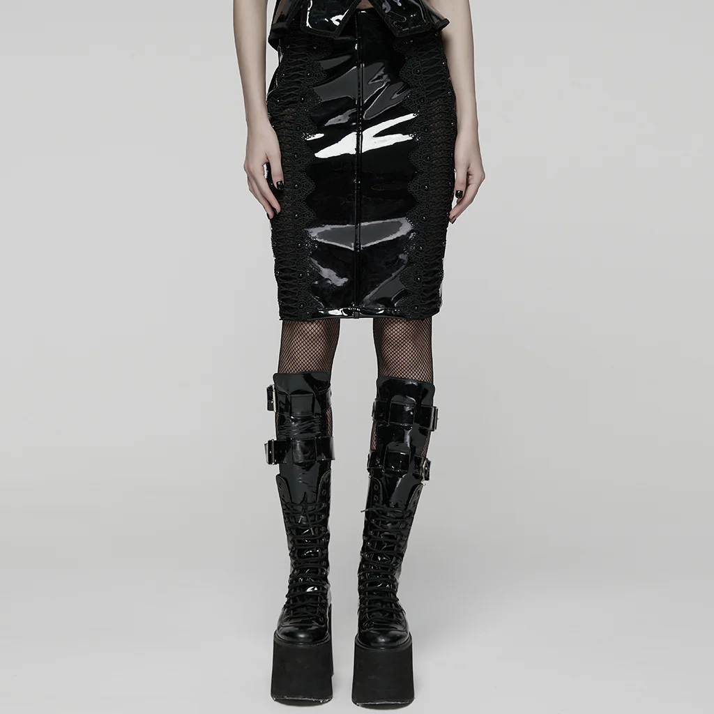 WQ-875BQF Gothic Skirt Patent Leather High-Waist Lace Detail Edgy Style