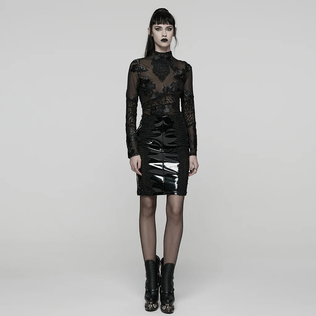 WQ-875BQF Gothic Skirt Patent Leather High-Waist Lace Detail Edgy Style - Image 5