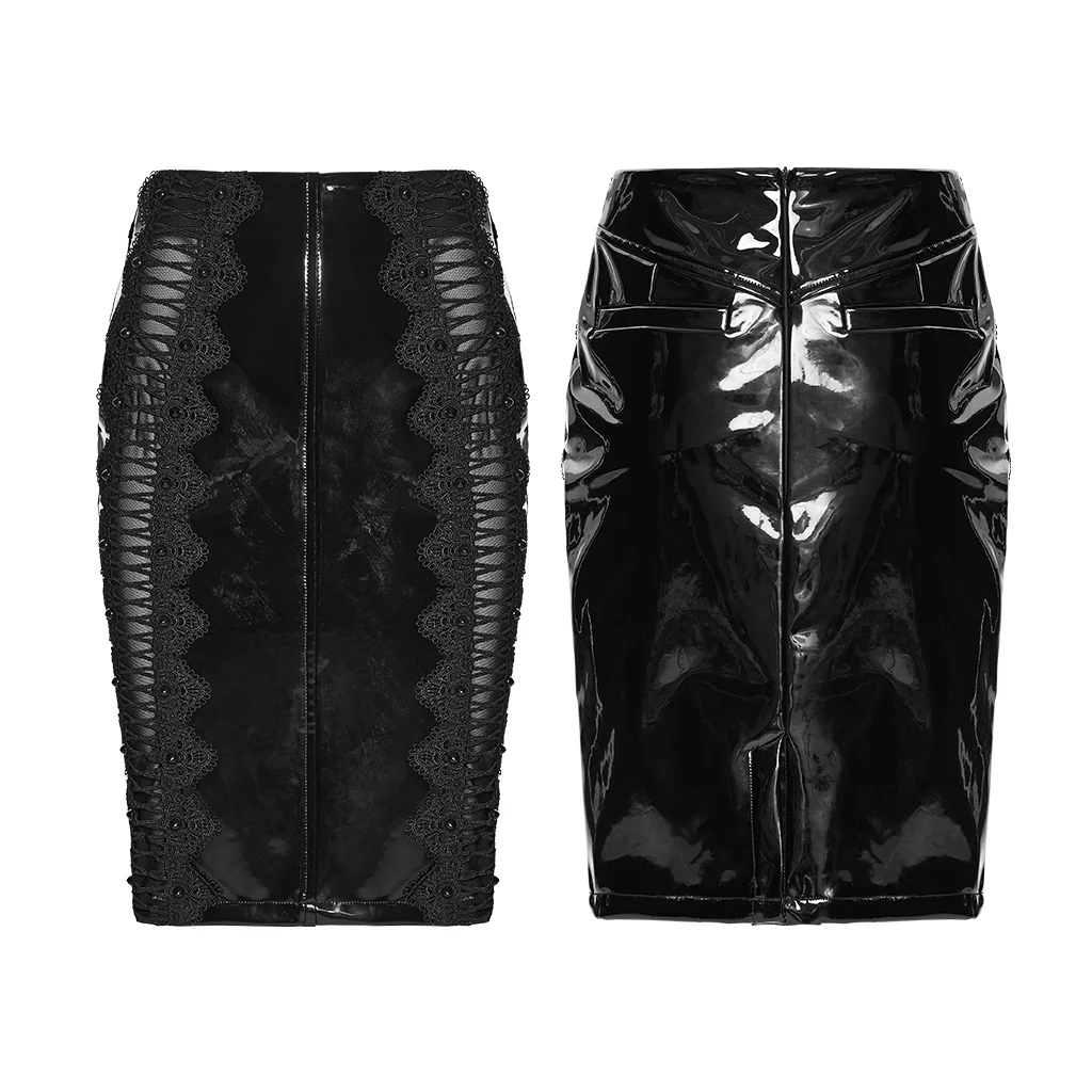 WQ-875BQF Gothic Skirt Patent Leather High-Waist Lace Detail Edgy Style - Image 6
