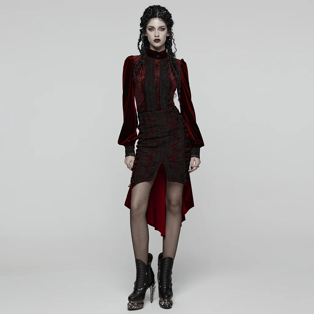 WQ-876BQF Gothic Skirt Lace-Up Velvet Rose Embroidery High-Low Hem - Image 6