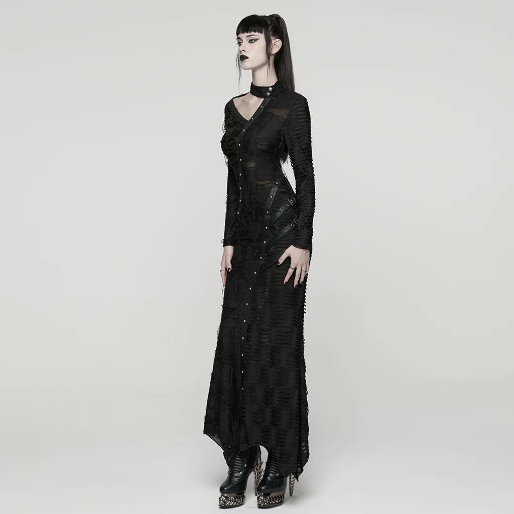 WQ-885LQF Elegant Gothic Dress Asymmetrical Sheer Panels Long Sleeve Maxi - Image 3