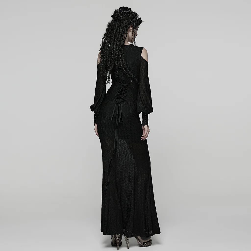 WQ-887LQF Long Black Gothic Dress Cold Shoulder Lace-Up Detail - Image 4