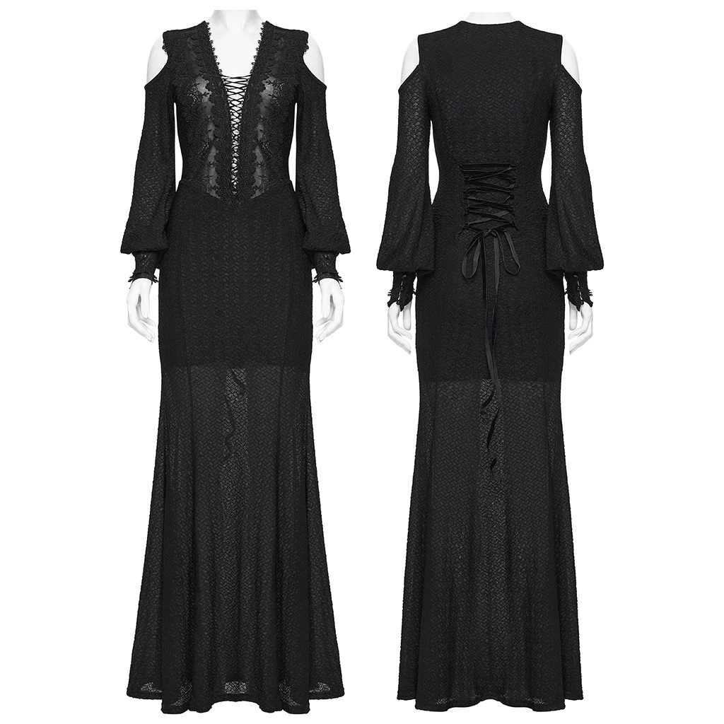 WQ-887LQF Long Black Gothic Dress Cold Shoulder Lace-Up Detail - Image 5